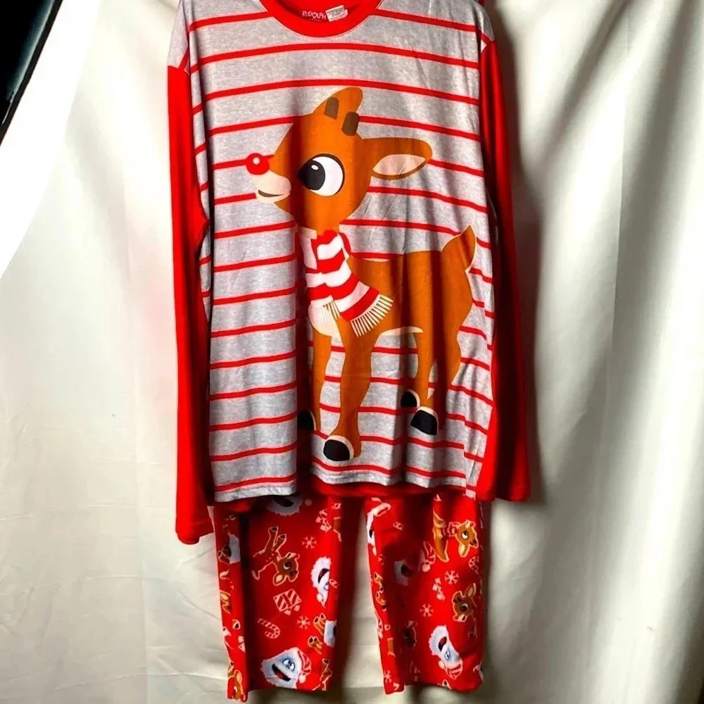 RUDOLPH RED NOSE REINDEER  MENS SIZE XL PAJAMA SET COTTON TOP FLEECE PANTS CLEAN